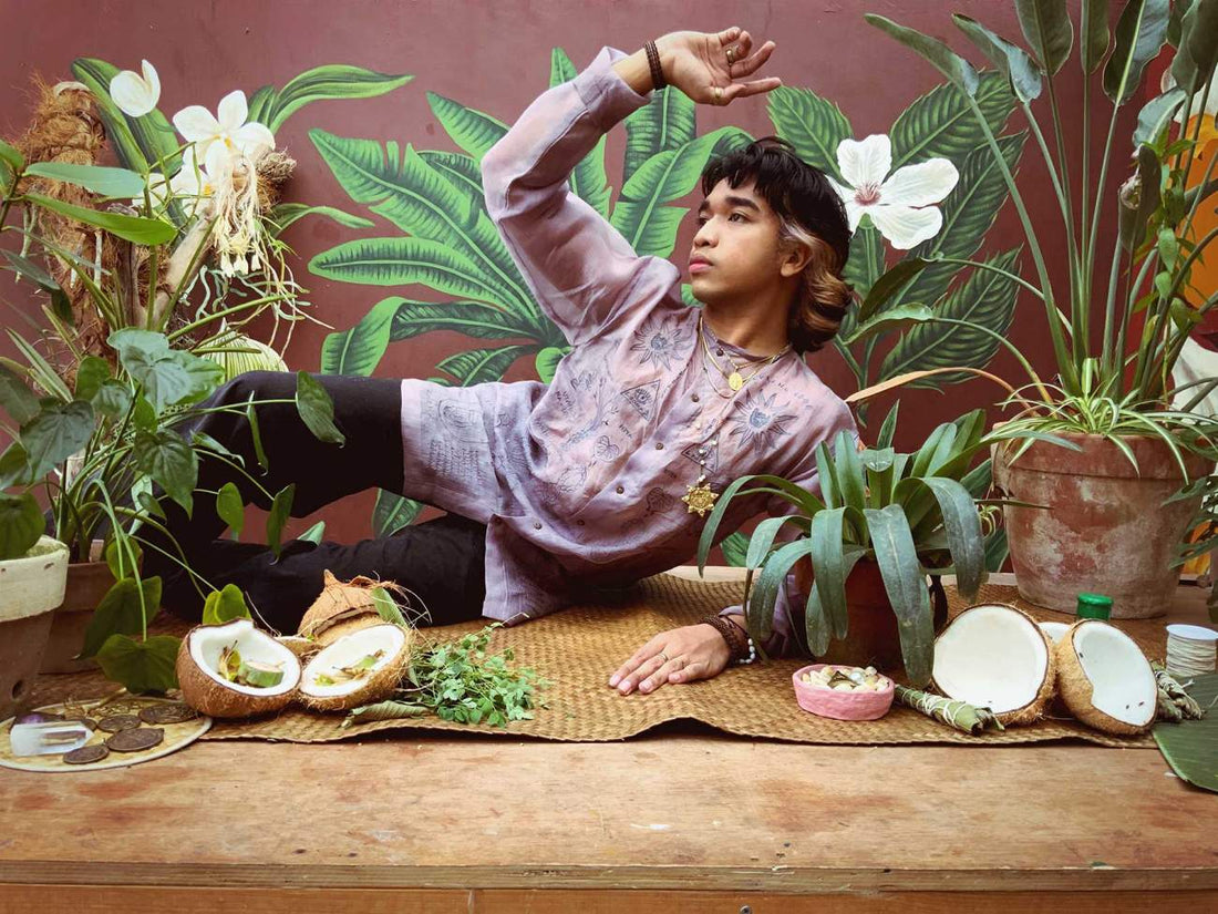 VINTA Unisex Biggie Barong Pamanang Paniniwala in Amethyst. Male model in repose.