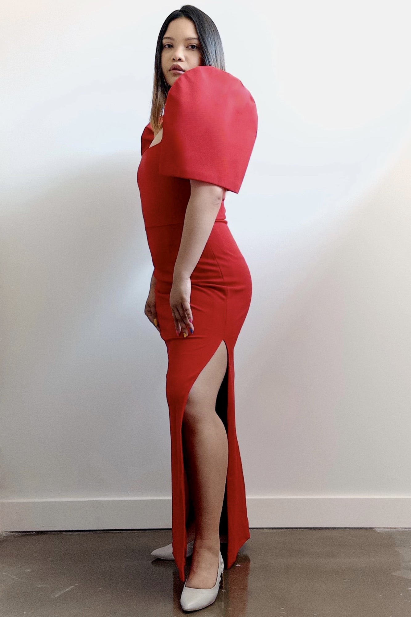 Jersey Crepe Sheath Terno Dress with Slit (Red)