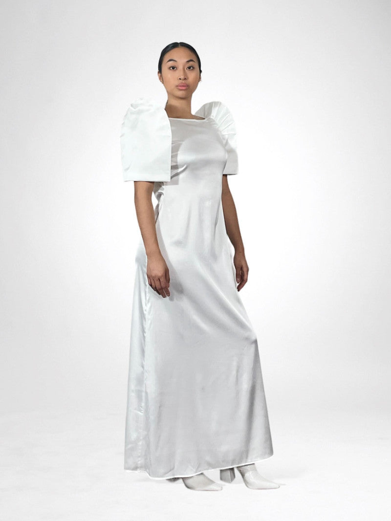 Open Back Stretch Silk Satin Terno Dress (White)