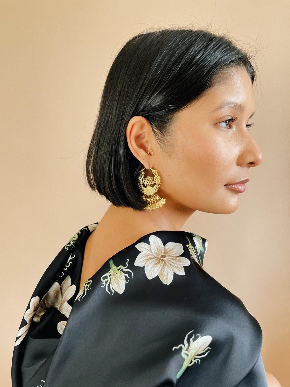 VINTA Banaba Flower Creolla Earrings, worn with VINTA's Sumpa Kita Panuelo.
