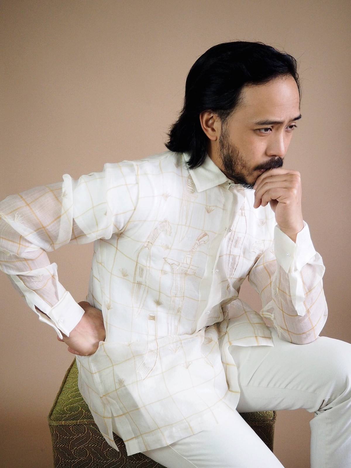 VINTA Capiz Grid Sandata Barong, styled with khaki pants