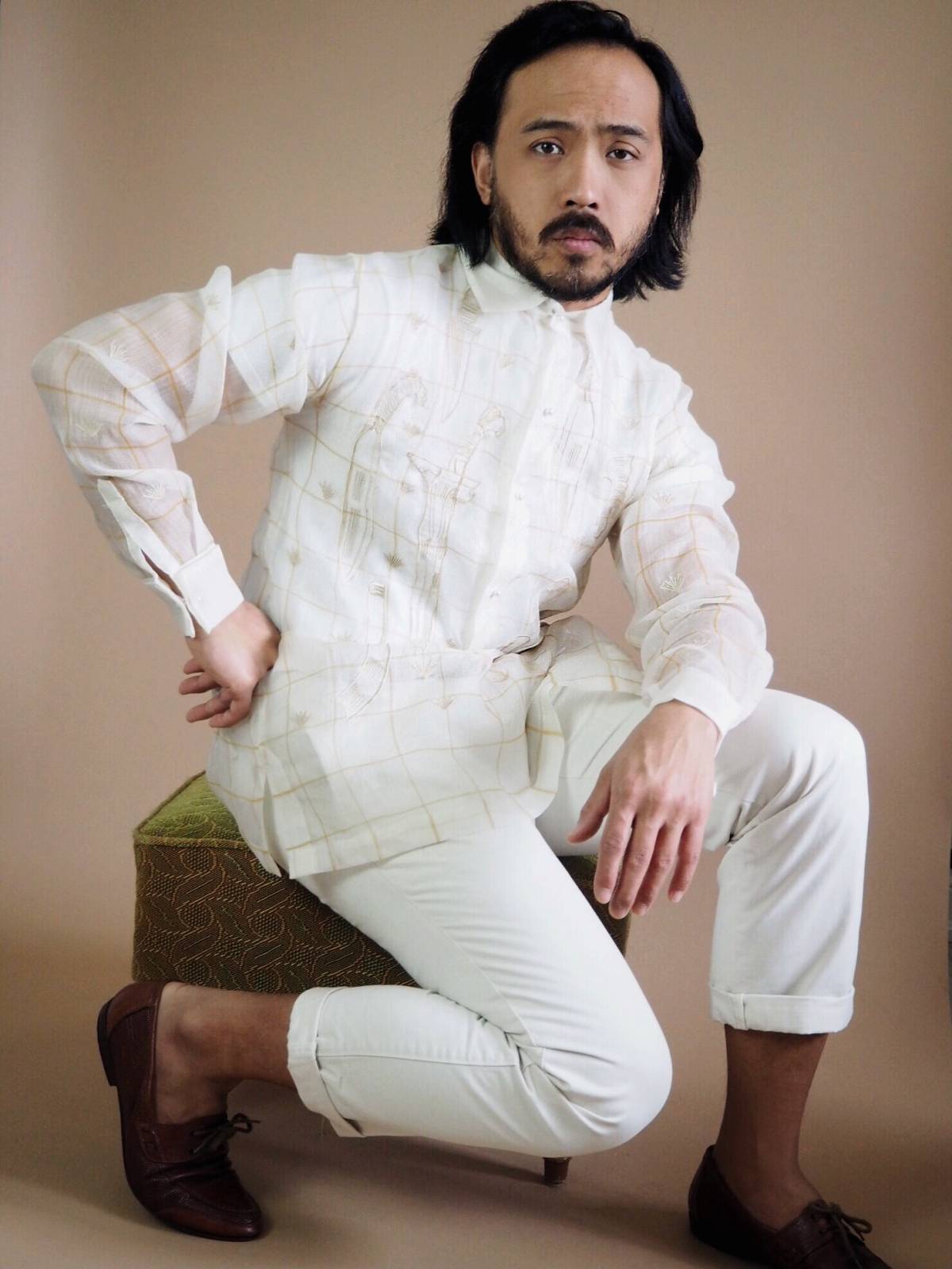 VINTA Capiz Grid Sandata Barong, styled with khaki pants and loafers