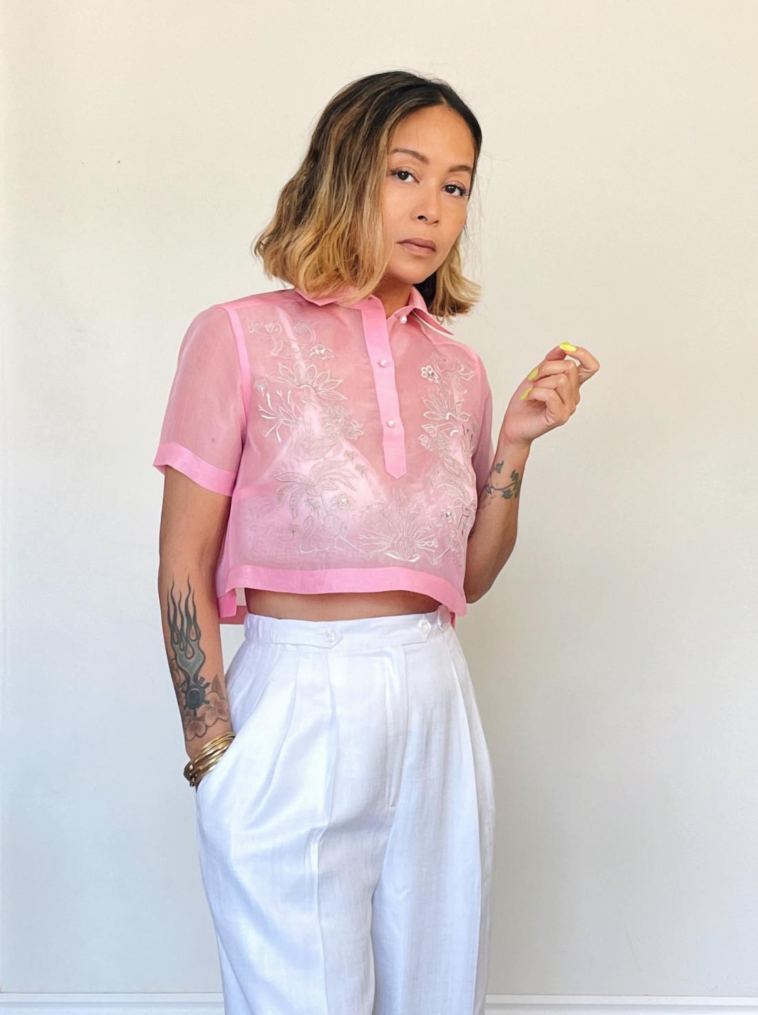 VINTA Filipino Deco Crop Barong, Bubblegum Pink, worn with white pants