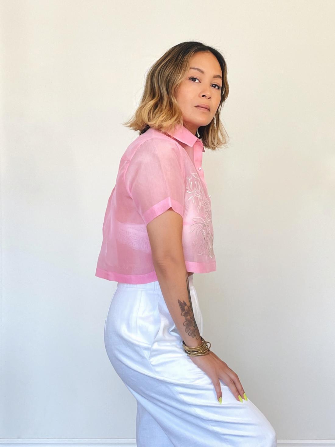 VINTA Filipino Deco Crop Barong, Bubblegum Pink, side view