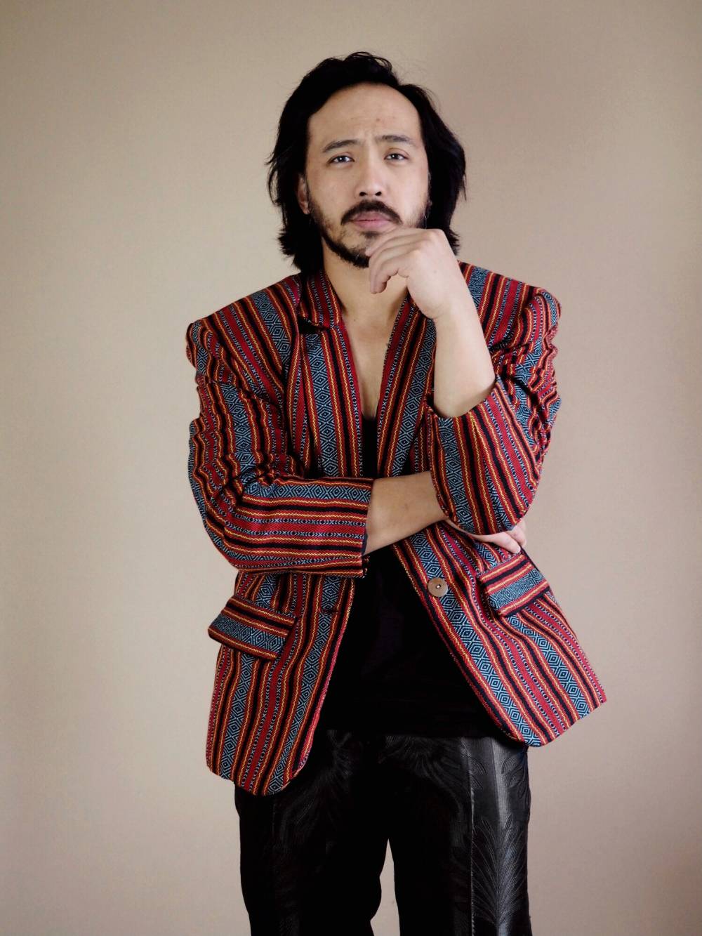 VINTA Gallery Unisex Oversized Ifugao Jacket on Darrel, styled with black pants and black shirt