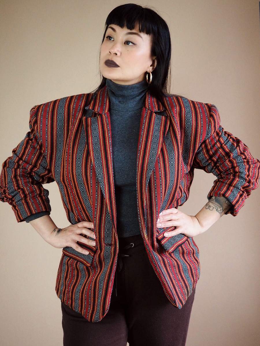 VINTA Gallery Unisex Oversized Ifugao Jacket on Tin, styled with grey turtleneck