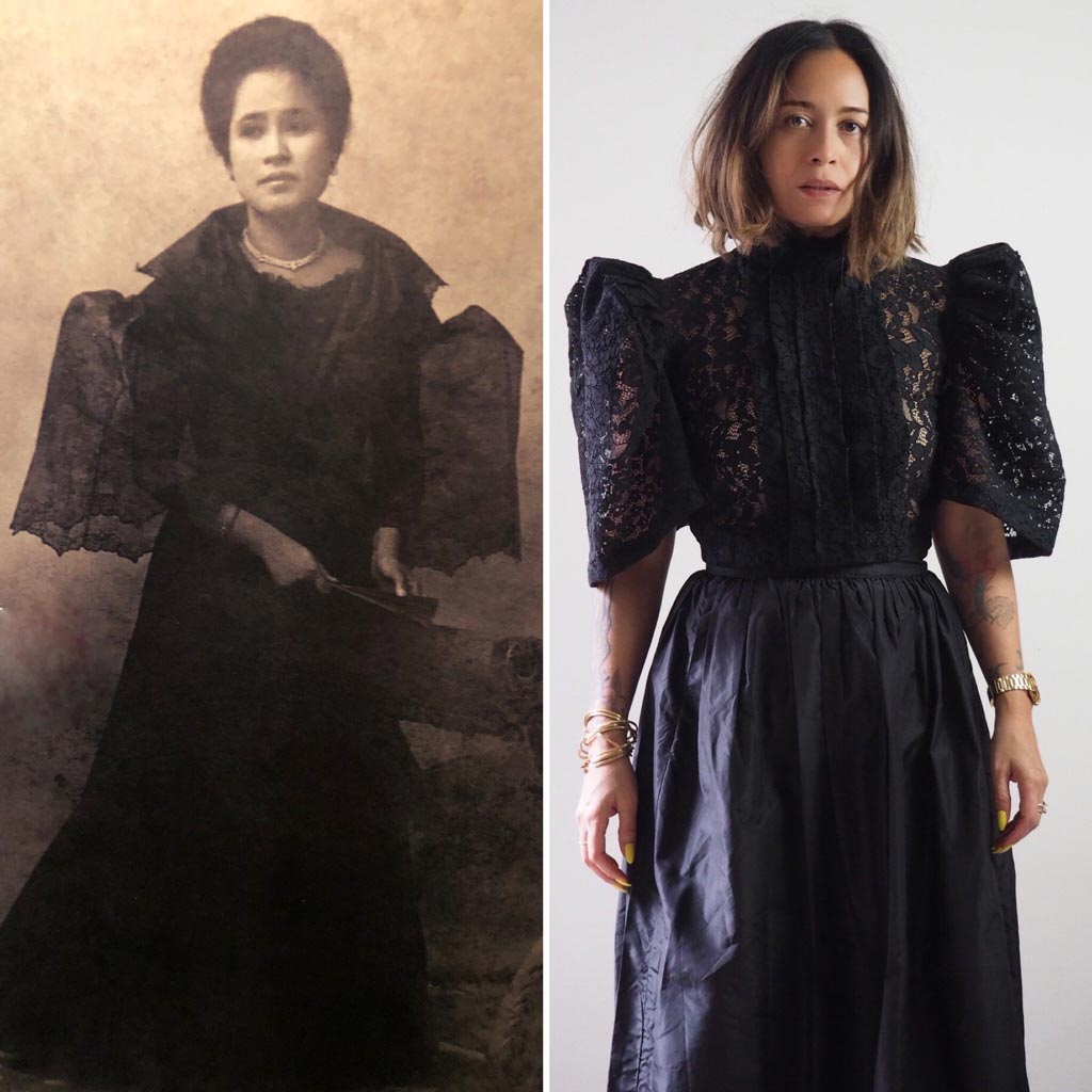 VINTA High Neck Pleat Front Camisa in Black, Styled with High Waisted Black Skirt, Shown Side by Side with an old photograph of a Filipino Woman in similar style