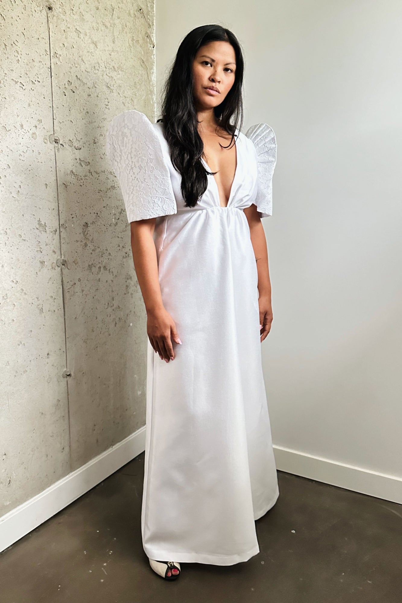 Deep-V Maxi Terno Dress (White with Lace Overlay on Sleeves)