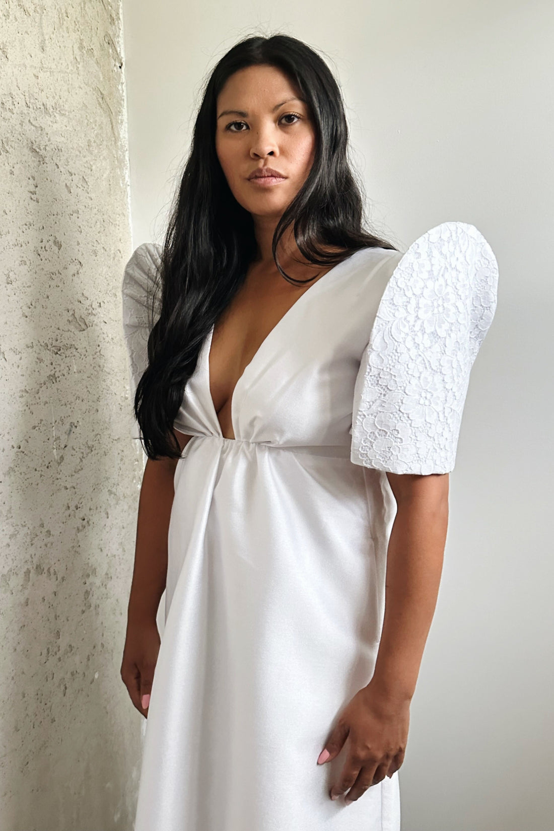 Deep-V Maxi Terno Dress (White with Lace Overlay on Sleeves)