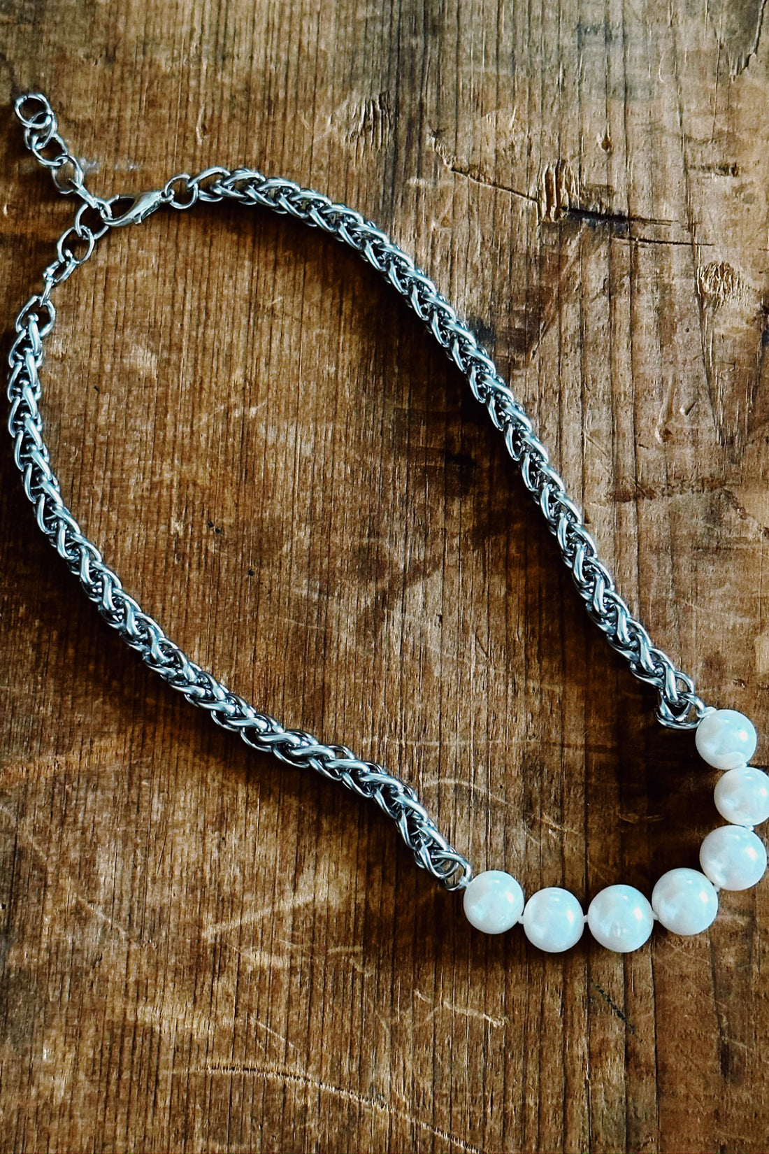Half Braid Chain Half Freshwater Palawan Pearl Necklace (Silver)