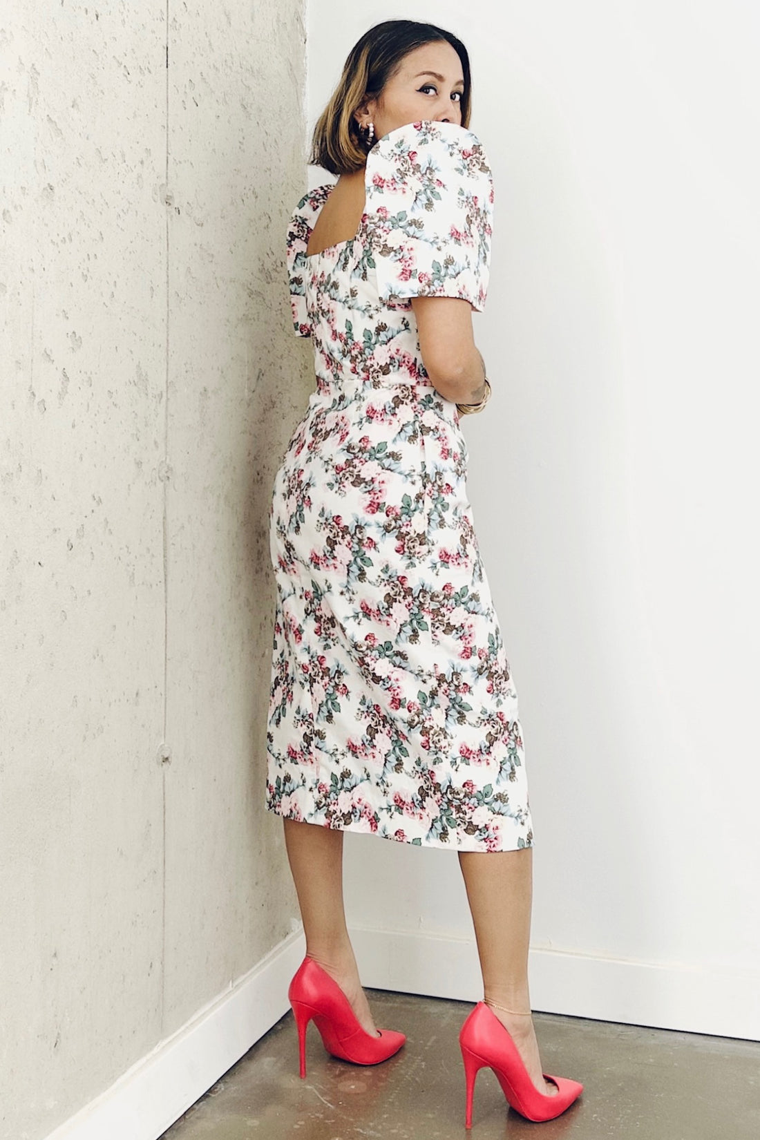 Sheath Terno Dress with Curved Neckline (Floral Twill)