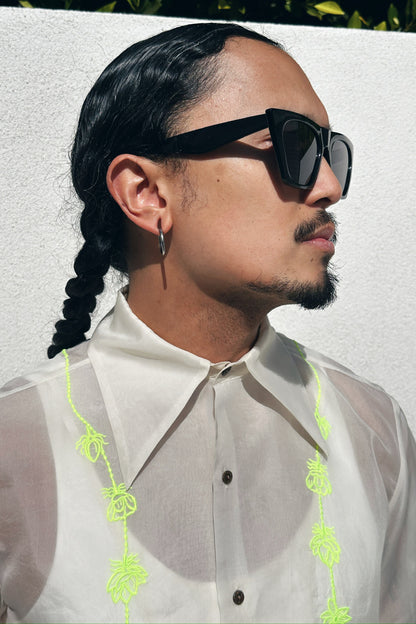 Short Sleeve Butterfly Collar Barong (Sampaguita Garland) (Neon Thread)