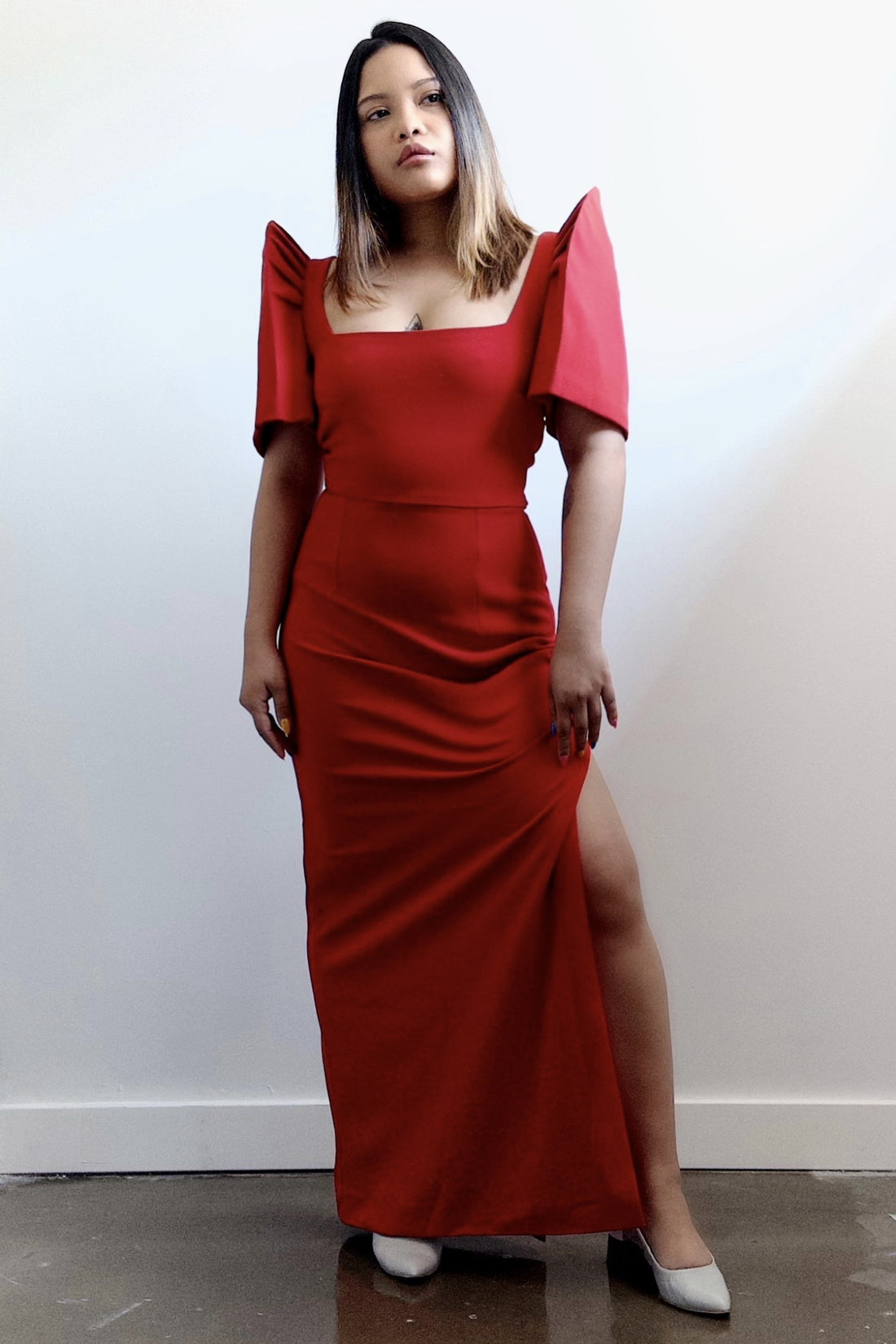 Jersey Crepe Sheath Terno Dress with Slit (Red)