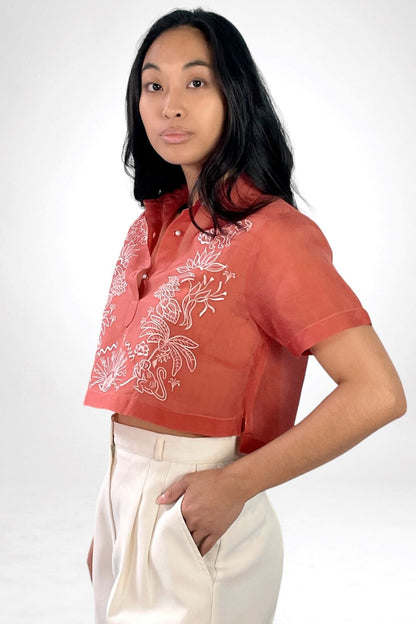 Filipino Deco Crop Barong  in Jusi (Terracotta)