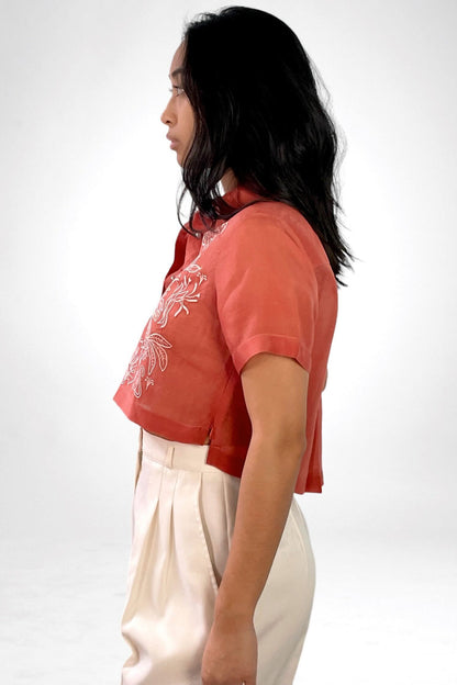 Filipino Deco Crop Barong  in Jusi (Terracotta)
