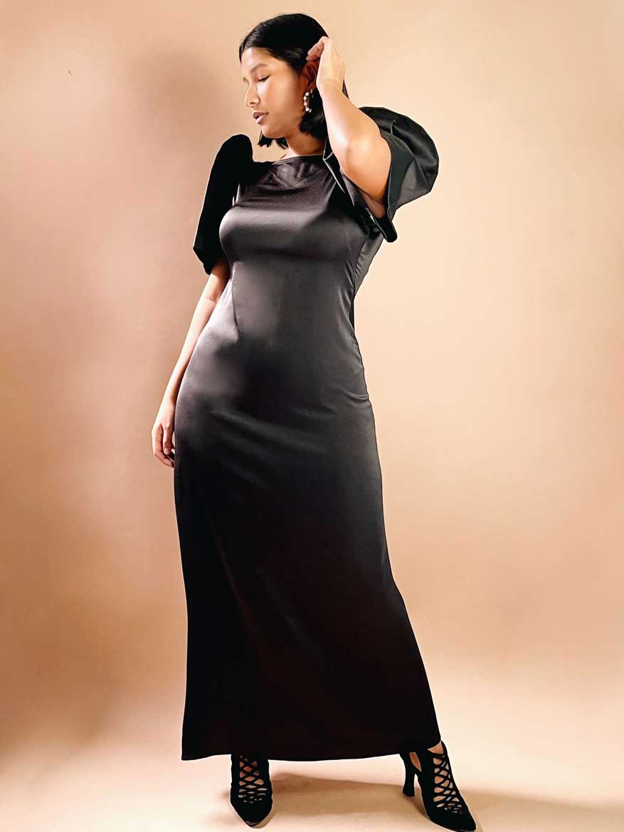 VINTA Gallery | Open Back Stretch Silk Satin Terno Dress (Black)