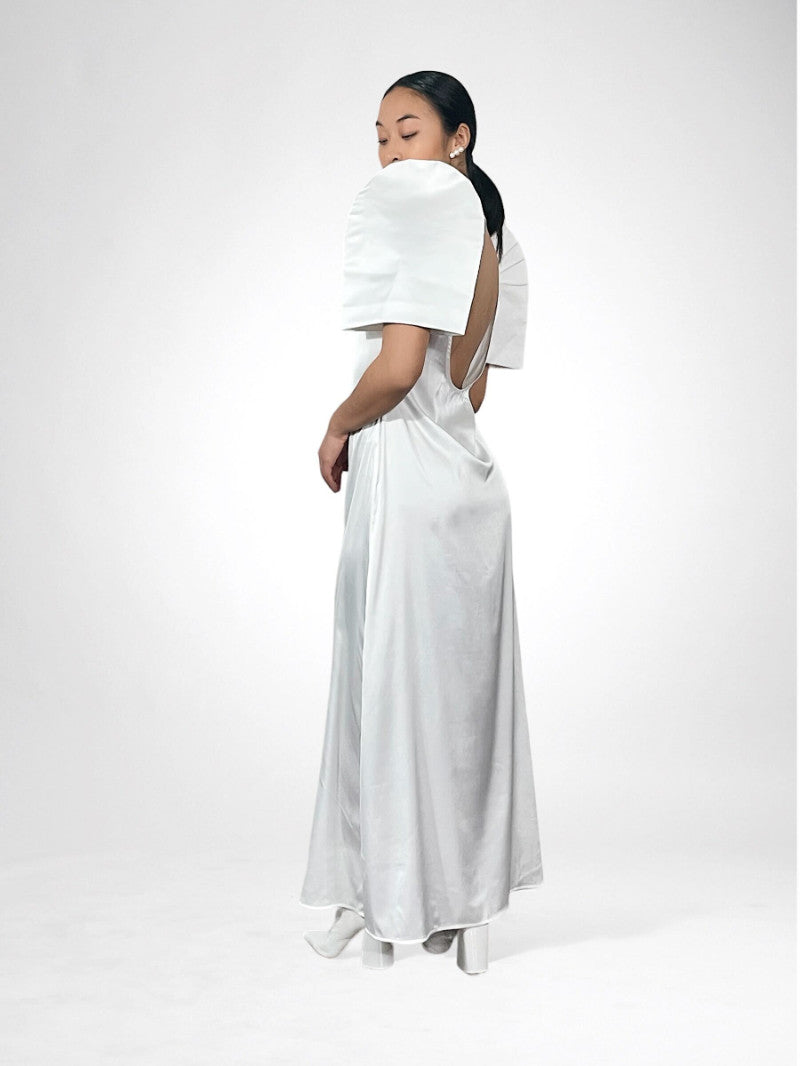 Open Back Stretch Silk Satin Terno Dress (White)