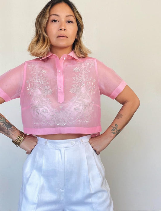 VINTA Filipino Deco Crop Barong, Bubblegum Pink, worn with white pants