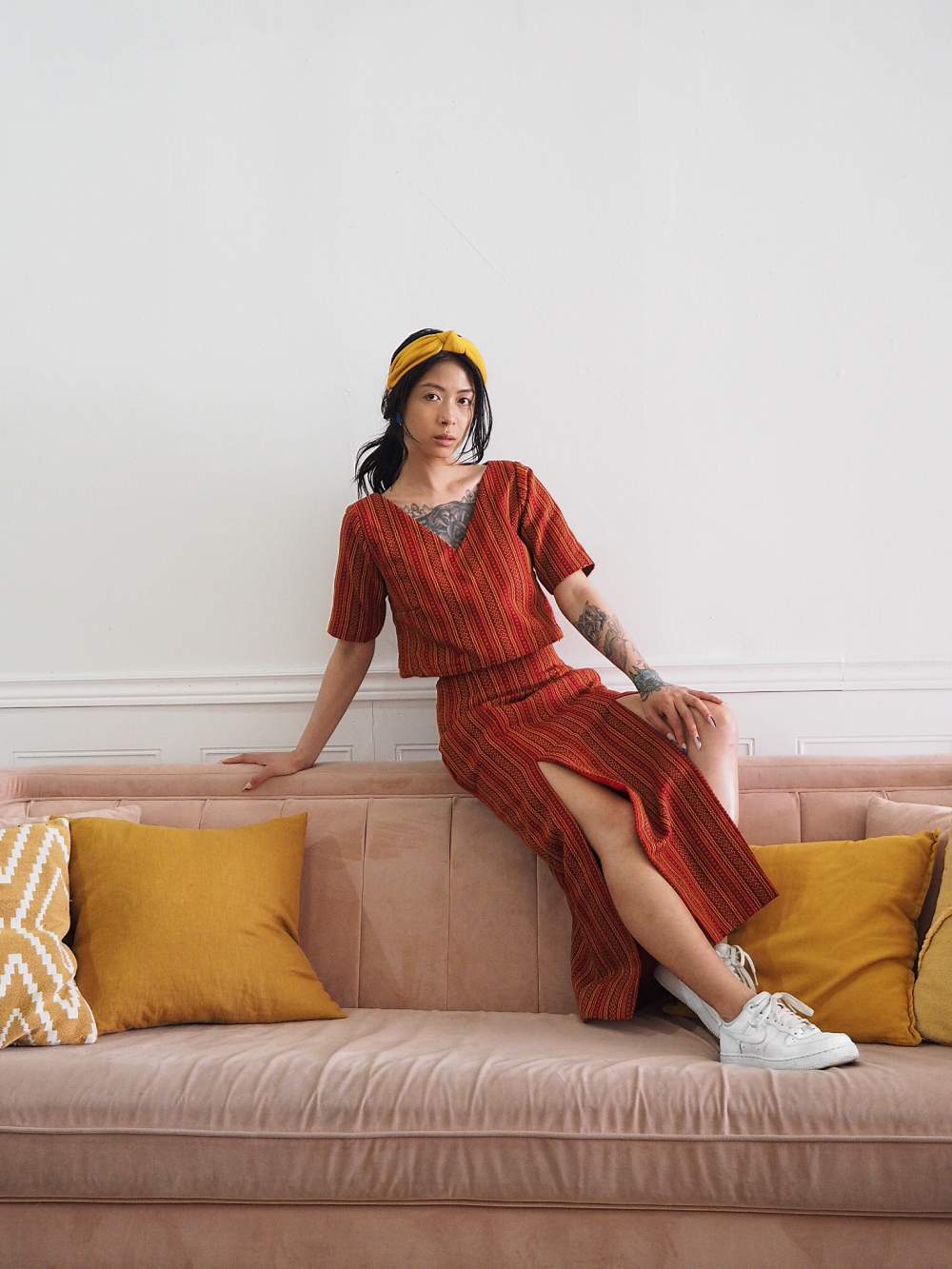 VINTA Handloomed Bahag Skirt, Kalinga-inspired weave, styled with VINTA Handloomed Cordi Tee