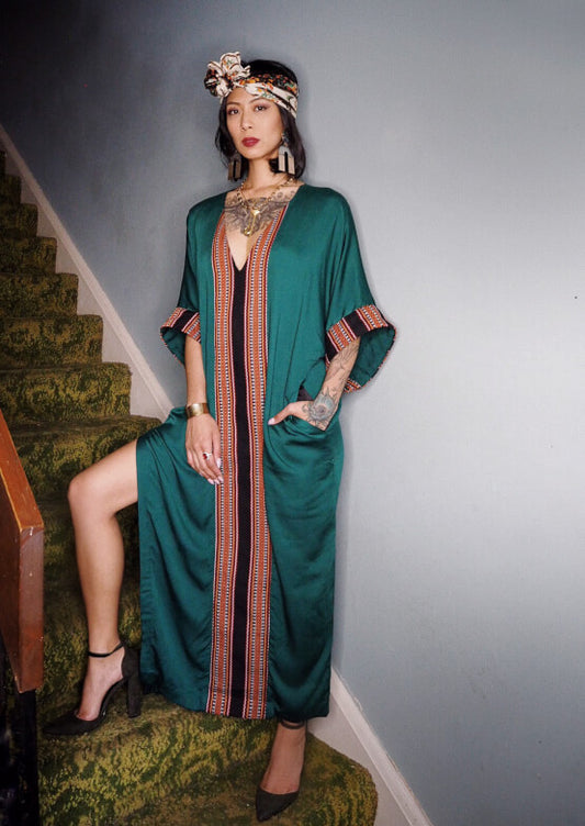 VINTA Kaftan in Emerald Green; worn with green pumps and silk scarf head wrap.