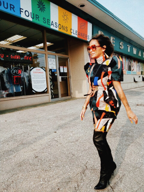 VINTA Mock Neck Tulip Terno Dress - Styled with Over-the-Knee Black Boots