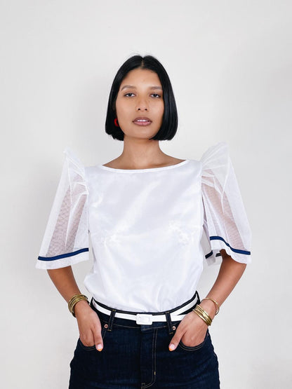 VINTA Tulle Camisa White with Navy Piping, Front Medium