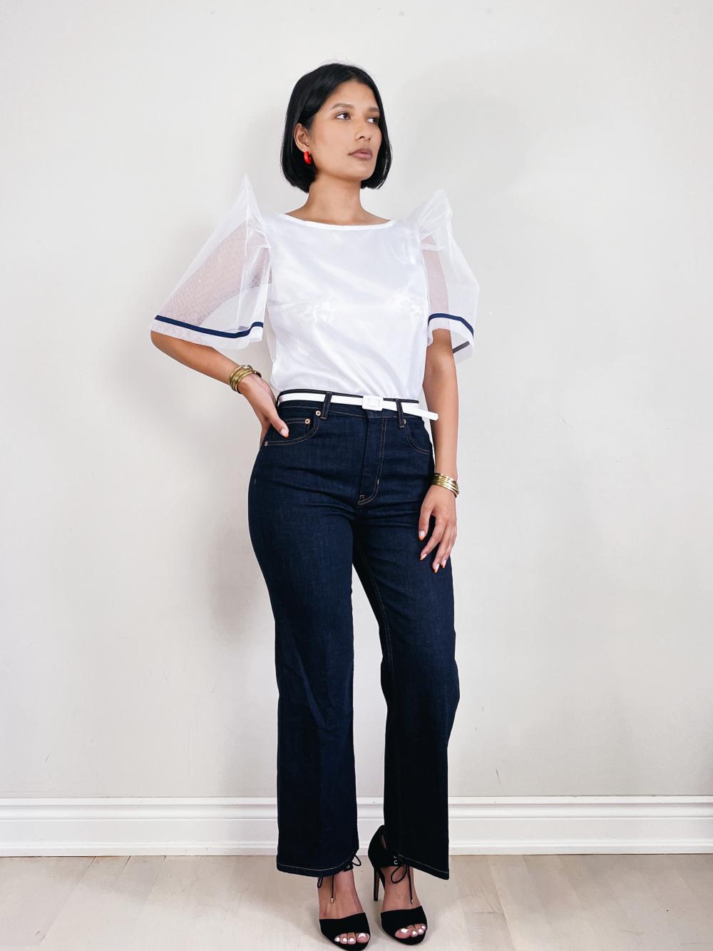 VINTA Tulle Camisa White with Navy Piping, Full